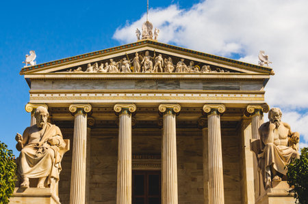 Academy of Athens facade with statues of Plato and Socrates in Greece.の写真素材