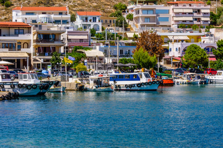 Fishing boats at the traditional harbor of Pachi in Megara, Attica, Greece.の写真素材