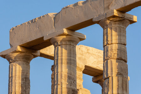 Detail of Temple of Poseidon Doric columns in Sounion, Attica, Greece.の写真素材
