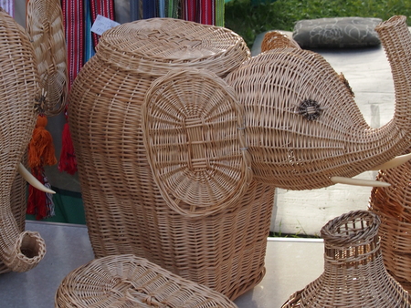 Basket in the form of an elephant made of willow rodsの写真素材