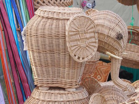 Basket in the form of an elephant made of willow rodsの写真素材
