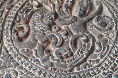 Carved ornament on the walls and columns in ancient Indian templesの写真素材