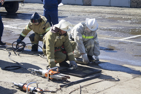 Firefighters practice victim support skills during the exerciseの写真素材