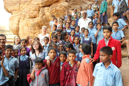 Badami, Karnataka, India - December 14, 2017: Indian schoolchildren and teachers take a tour of ancient temples.のeditorial素材