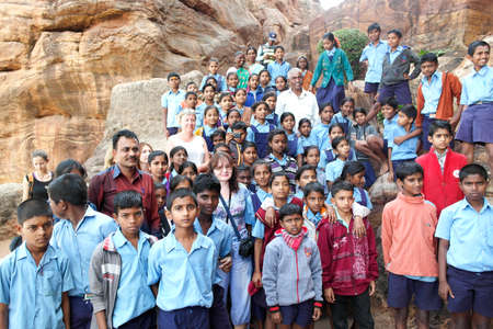 Badami, Karnataka, India - December 14, 2017: Indian schoolchildren and teachers take a tour of ancient temples.のeditorial素材