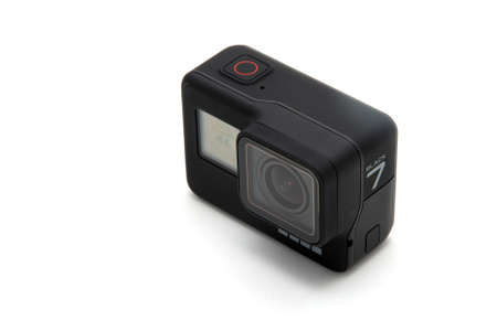 Moscow. November 2018.  GoPro HERO 7 Black product front and side view. The action camera with new...