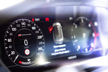 Moscow. Autumn 2018. Interior of The Land Rover Range Rover Velar in Black color compact luxury...