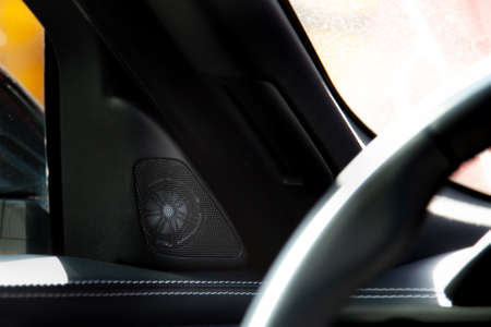 Moscow. Autumn 2018. Interior of The Land Rover Range Rover Velar in Black color compact luxury...