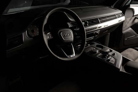 Moscow. October 2018. Audi Q7 S line Interior. In black and silverのeditorial素材