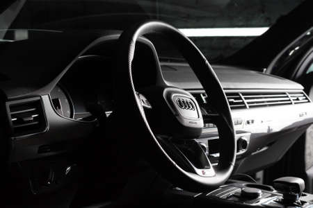 Moscow. October 2018. Audi Q7 S line Interior. In black and silverのeditorial素材