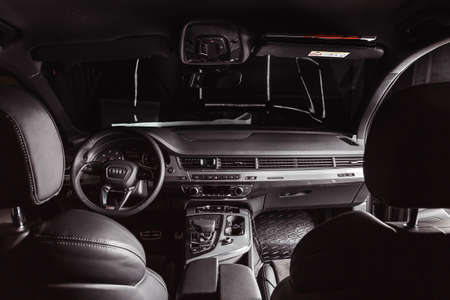 Moscow. October 2018. Audi Q7 S line Interior. In black and silverのeditorial素材