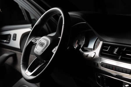Moscow. October 2018. Audi Q7 S line Interior. In black and silverのeditorial素材