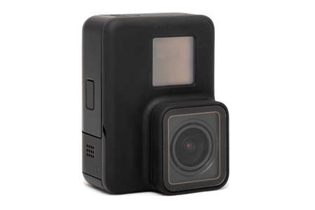 New 4K action camera in black color. Isolated white backgroundの写真素材