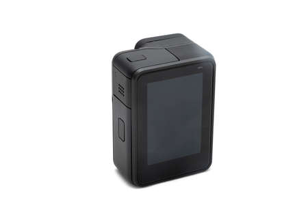 New 4K action camera in black color. Isolated white background.の写真素材