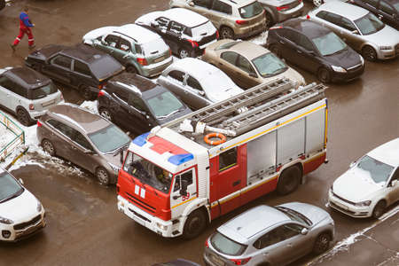 Problem. The special fire truck cannot drive in the courtyard of a multi-storey high-rise building...