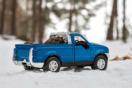 A toy. Blue pickup truck in winter forest on the road. Carrying fir cones in the back of a car bodyの写真素材