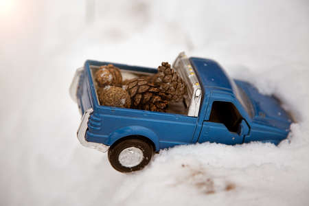 Blue toy pickup truck stuck in snowdrift. Carrying fir cones in the back of a car body.の写真素材