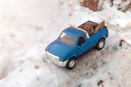 Blue toy pickup truck in sawmill. Stuck at snowdrift and sawdust. Carrying fir cones in the back of a car body.の写真素材