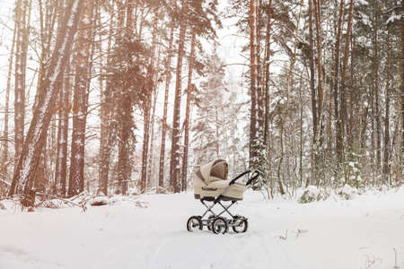 Baby stroller in winter forest. Infant baby sleep inside the pram on fresh airの写真素材