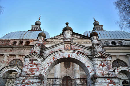 Destroyed and abandoned christian church. Ancient ruinsの写真素材