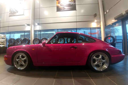 Moscow. February 2019. Side view of the Porsche 930. Classic Pink Porsche 911 collereble RS in the dealer center of the dealer center.のeditorial素材