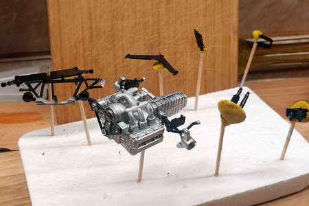 Engine, Gearbox, suspension elements, timing belt. Large-scale assembly of models. Dry painted...