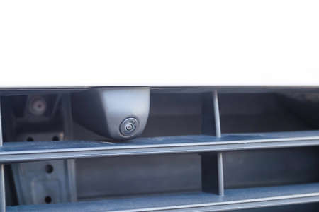 Closeup. Front view camera in the front bumper of the car. Circular 360 degrees surround view...