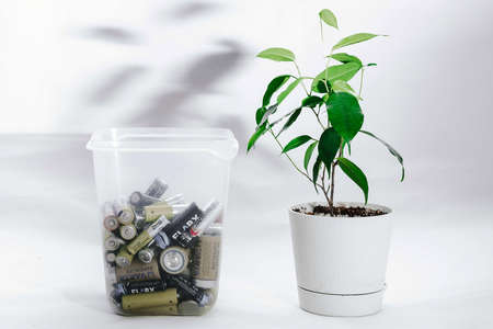 Moscow, Russia - April 20, 2019: A transparent container with batteries and a living flower in a pot are next to each other on a white background. Problems of ecology and recycling of batteries.のeditorial素材
