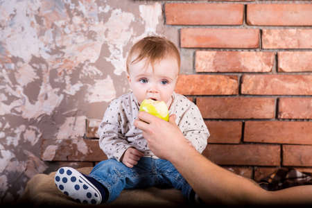 One year old child sits on a barrel against the background of a red brick wall and bites off and eats a green apple which is held by his father.の写真素材