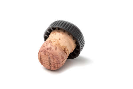 Cork for wine with a black plastic hat. Isolated on white background.