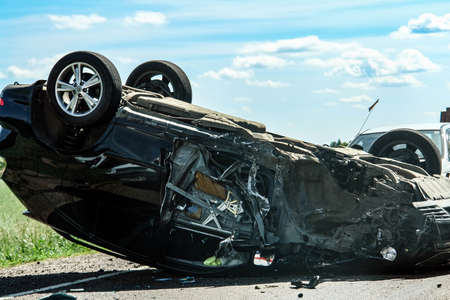 Moscow, Russia - May 25, 2019: Very strong accident on the road. Two cars collided head-on....