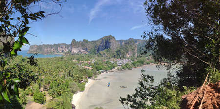 Panorama of the two sides of beautiful Railay beach peninsula, Krabi, Thailand, from a high view point.の写真素材