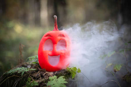 Halloween pumpkin in the autumn forest on an old stump. Jack lantern with steam from the mouth. In smoke or fog. Smoking or vaping headの写真素材