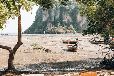 Strong low tide and drought on a tropical island. The boats are aground.の写真素材