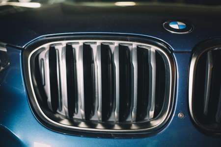 Moscow. Russia - December 06, 2019: The all-new BMW X3. Blue crossover stands on the street at...