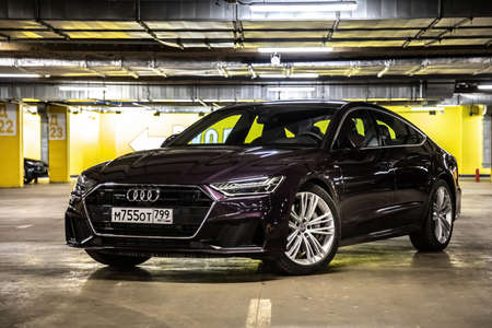 Moscow. Russia - January 16, 2020: Audi A7 Sportback Ultra Nova GT 1 of 111 A purple-colored premium...