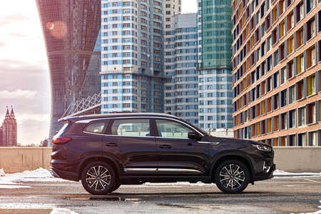 Moscow, Russia - March 19, 2021: Chery Tiggo 8 Pro \ Plus The car is parked on the street of a big...