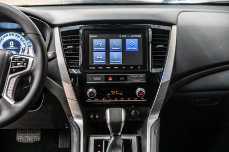 Moscow, Russia - February 17, 2021: All new Mitsubishi Pajero Sport. Montero. Interior of Japan SUVのeditorial素材