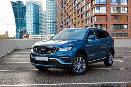 MOSCOW, RUSSIA - OCTOBER 10, 2022: Blue Geely Atlas Pro\Boyue X stands in a parking lot in the city.のeditorial素材