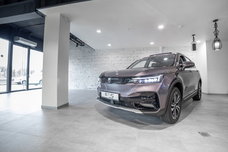 Moscow, Russia - October 31, 2022: New Chinese electric car Skywell et5. elaris beo, skyworth ev6, imperium sev. outer designのeditorial素材