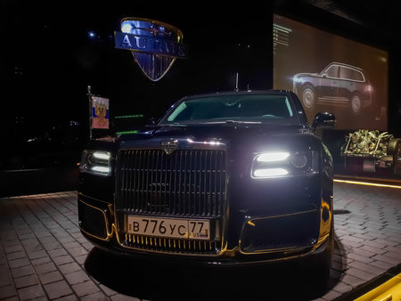 Moscow, Russia - April 4, 2022: Aurus Armored Premium government Limousine in Museum of the Special Purpose Garage of the FSO of Russia. front viewのeditorial素材