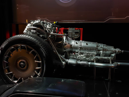 Moscow, Russia - April 4, 2022: Russian premium car Aurus. Car chassis, engine with connected gearbox and exhaust manifold. Museum of the Special Purpose Garage of the FSO of Russia.のeditorial素材