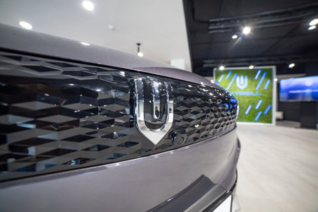 Moscow, Russia - October 31, 2022: close-up of the front part of the new Chinese electric car Skywell et5. elaris beo, skyworth ev6, imperium sev.のeditorial素材
