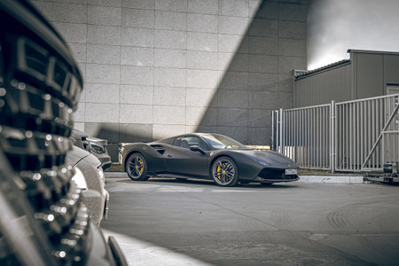 Yaroslavl, Russia - November 8, 2022: Ferrari 488 black matte supercar parked on the streetのeditorial素材
