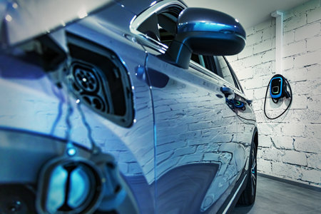charging station of a modern electric car. The back of the electric crossover. Type 2 Euro connectorの写真素材