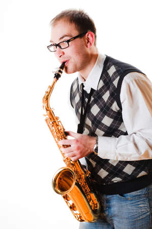 portrait of a man with a saxophoneの写真素材