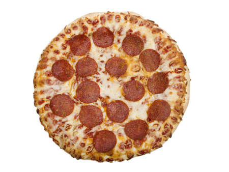 An isolated image of a whole pepperoni pizza.の写真素材