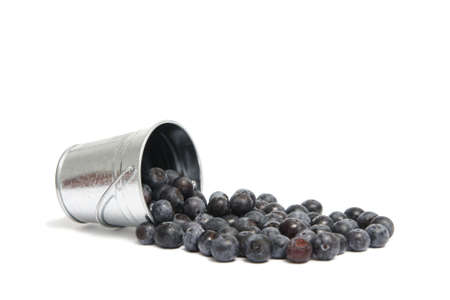 A metal bucket of spilled blueberries on white.の写真素材