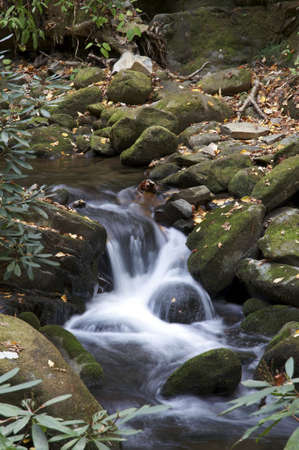 Water flowing over rocks in a mountain stream.の写真素材