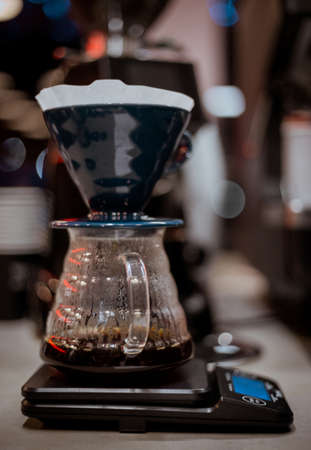Fresh coffee percolating into glass.Soft focusの写真素材